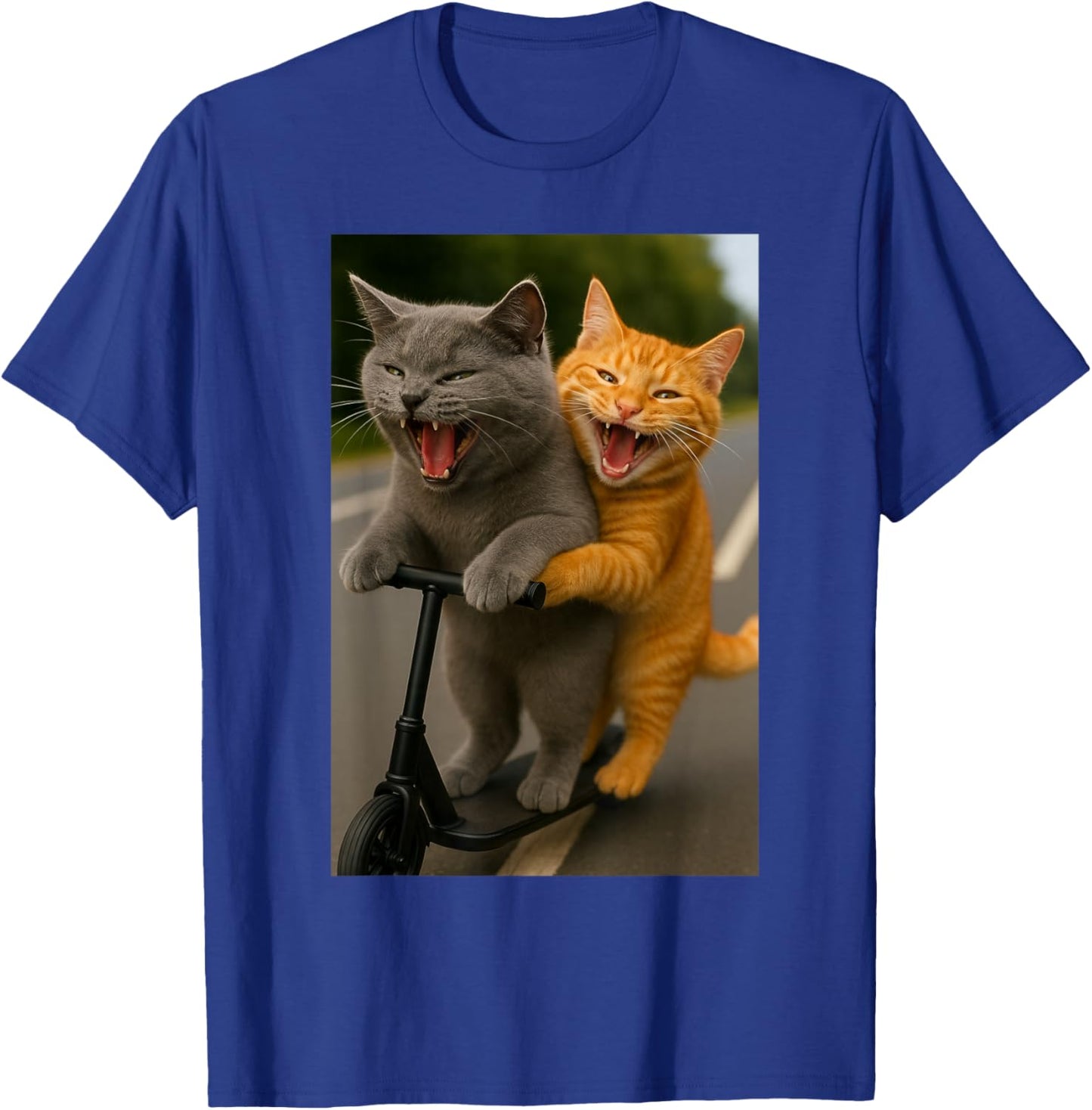 Funny Two Cats Riding Scooter with Big Laughter T-Shirt - T-Shirt | Royal