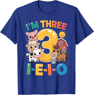 I'm Three I-E-I-O 3 Years Old Farm Animal Birthday Kids Boys T-Shirt - T-Shirt | Royal