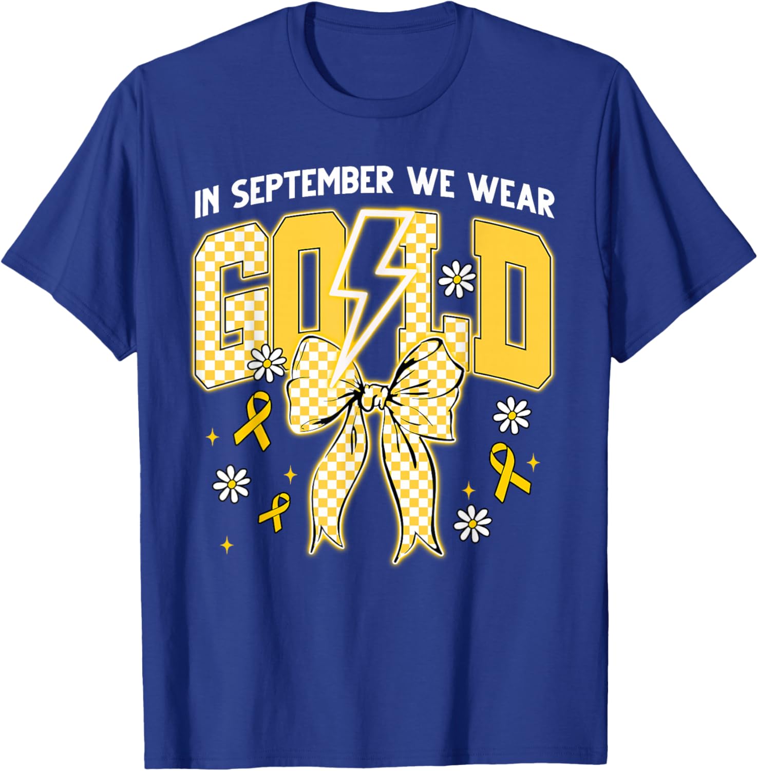 September We Wear Gold Coquette Bow Childhood Cancer Support T-Shirt - T-Shirt | Royal