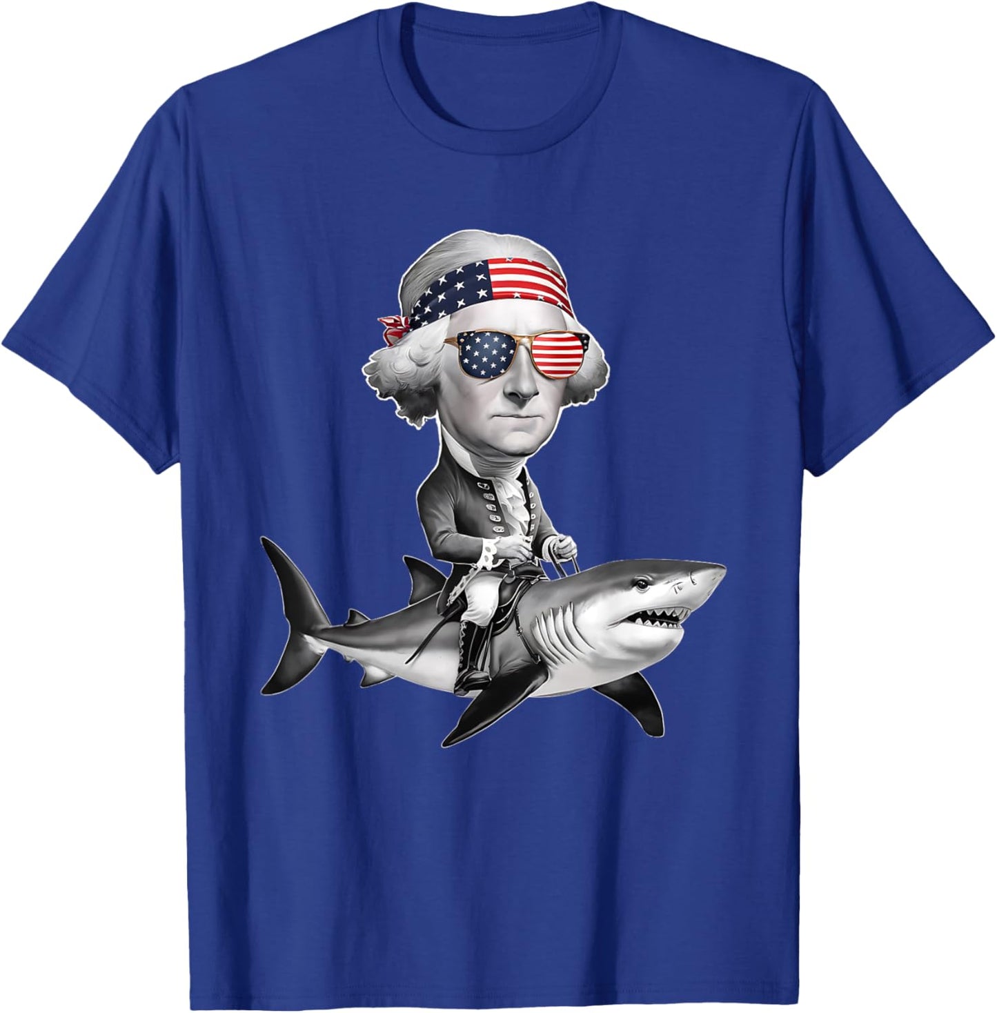 Funny George Washington Riding Shark 4th of July USA Flag Women Kids Men T-Shirt - T-Shirt | Royal