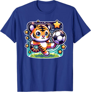 Soccer Player Tiger Cub Kicking Soccer Ball Cute Girls Boys T-Shirt - T-Shirt | Royal