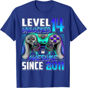 Level 14 Unlocked Awesome Since 2011 14th Birthday Gaming T-Shirt - T-Shirt | Royal