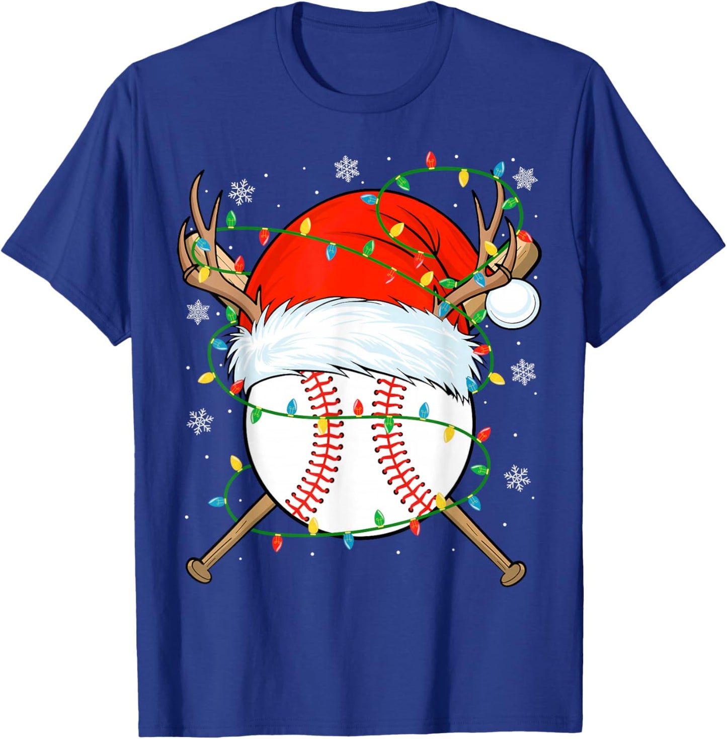 Santa Baseball Ball Xmas Lights Christmas Baseball Player T-Shirt - T-Shirt | Royal