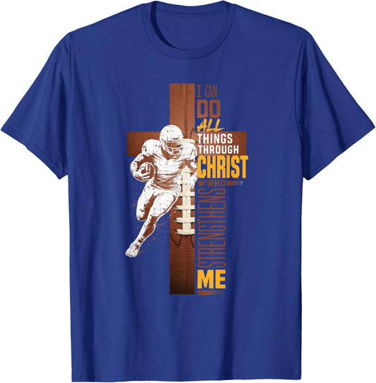 Christian Football Cross Athlete Faith Scripture Bible Verse T-Shirt - T-Shirt | Royal