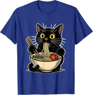 Funny Cat Eating Ramen Vintage Animal Cats Lovers T-Shirt - T-Shirt | Royal