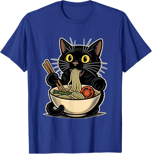 Funny Cat Eating Ramen Vintage Animal Cats Lovers T-Shirt - T-Shirt | Royal