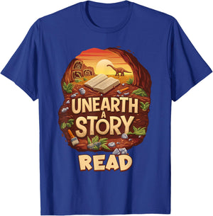 Unearth A Story : READ Library Reading T-Shirt - T-Shirt | Royal