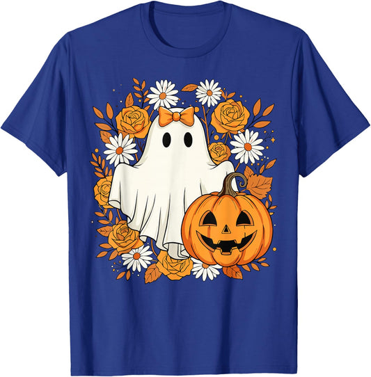Cute Ghost Pumpkin Floral Halloween T-Shirt - T-Shirt | Royal