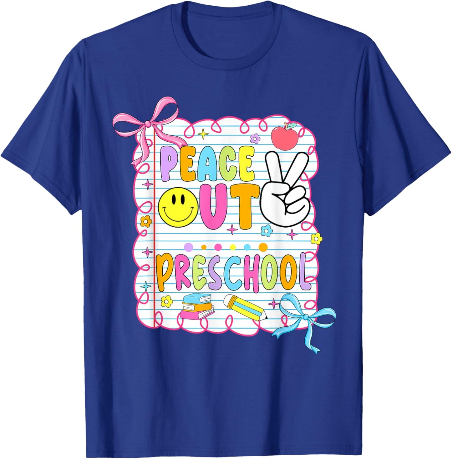 Peace Out Preschool Kid Girl Last Day of School Bow Coquette T-Shirt - T-Shirt | Royal