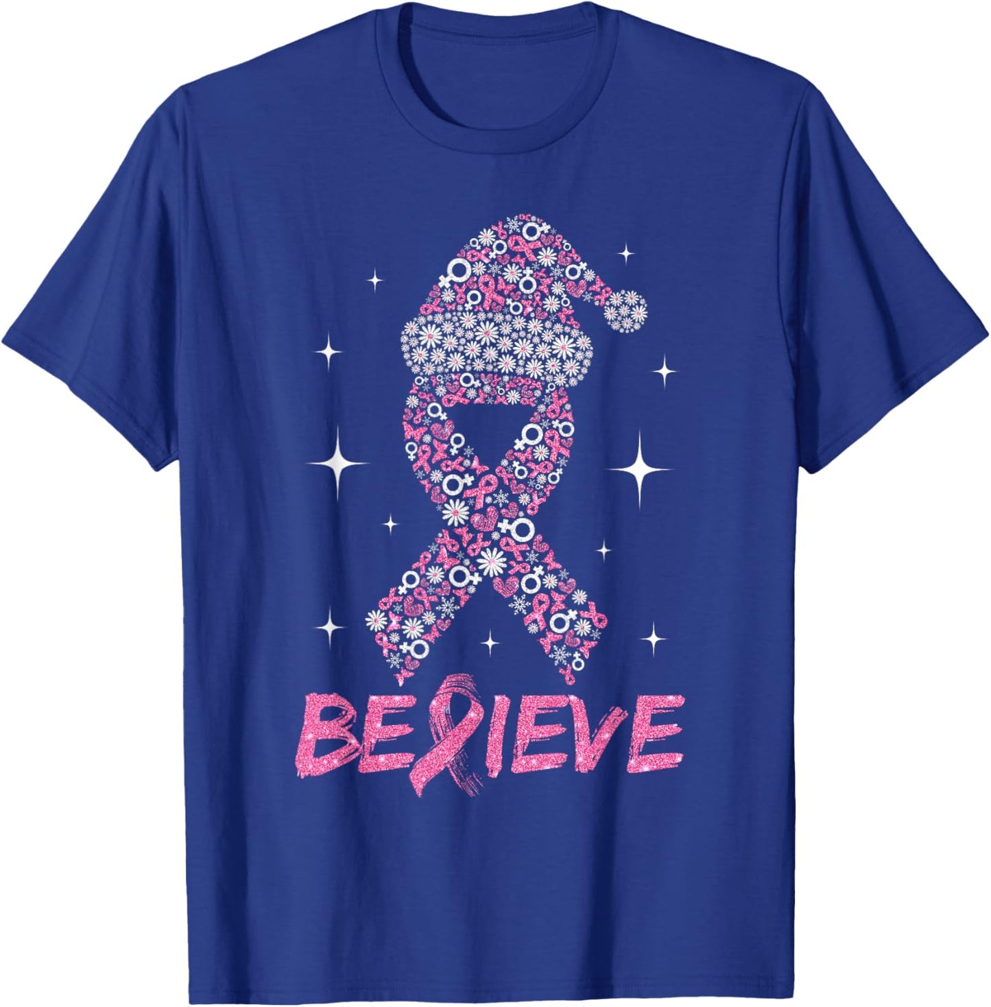 Believe Pink Ribbon with Santa Hat Christmas Breast Cancer T-Shirt - T-Shirt | Royal