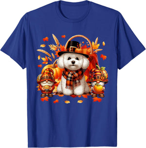 Thanksgiving Bichon Frise With Gnomes Fall Leaves Pumpkins T-Shirt - T-Shirt | Royal