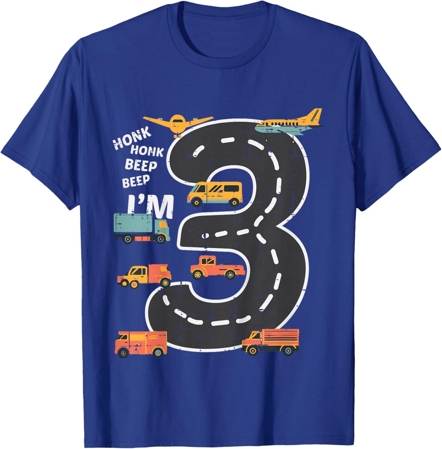 Kids 3rd Birthday 3 Road Honk Beep Im Three Bday Vehicle Boys Kid T-Shirt - T-Shirt | Royal