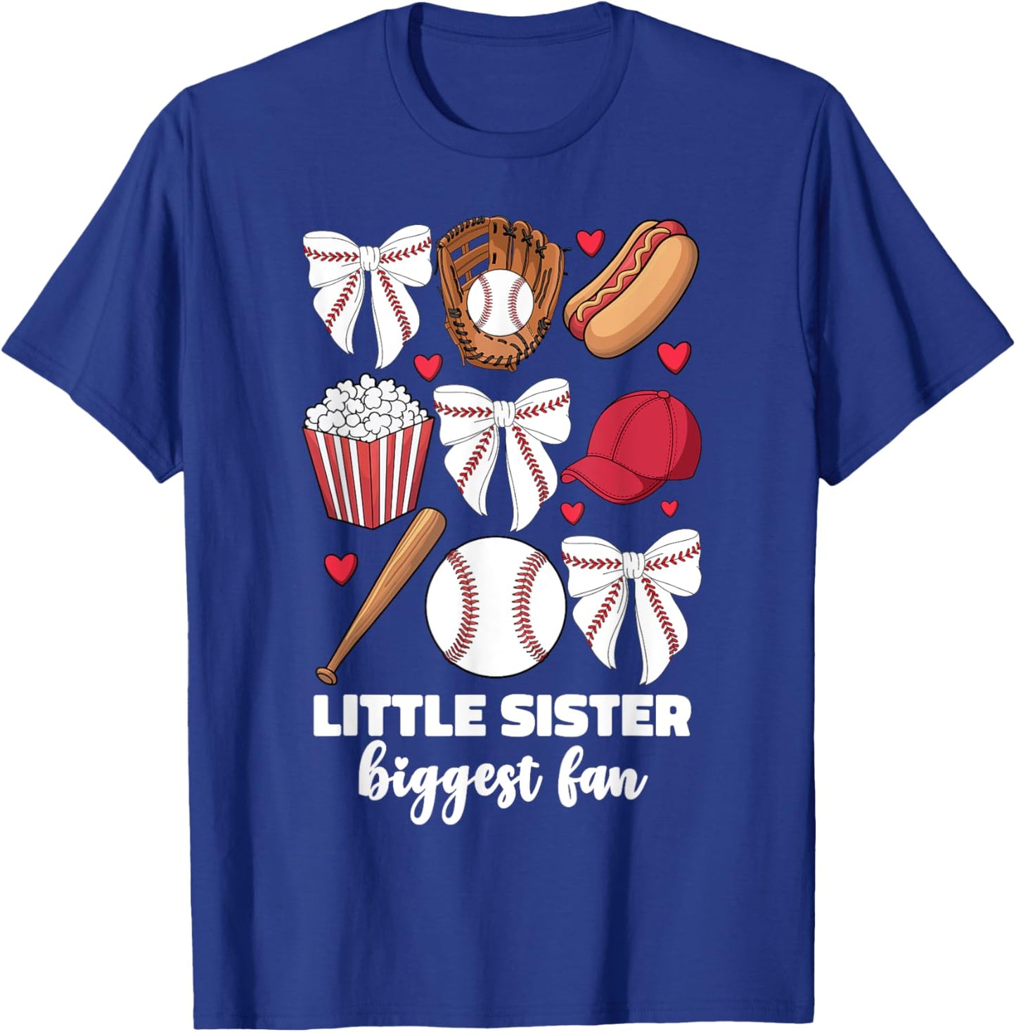 Little Sister Biggest Fan Baseball Baby Girls Coquette Bow T-Shirt - T-Shirt | Royal