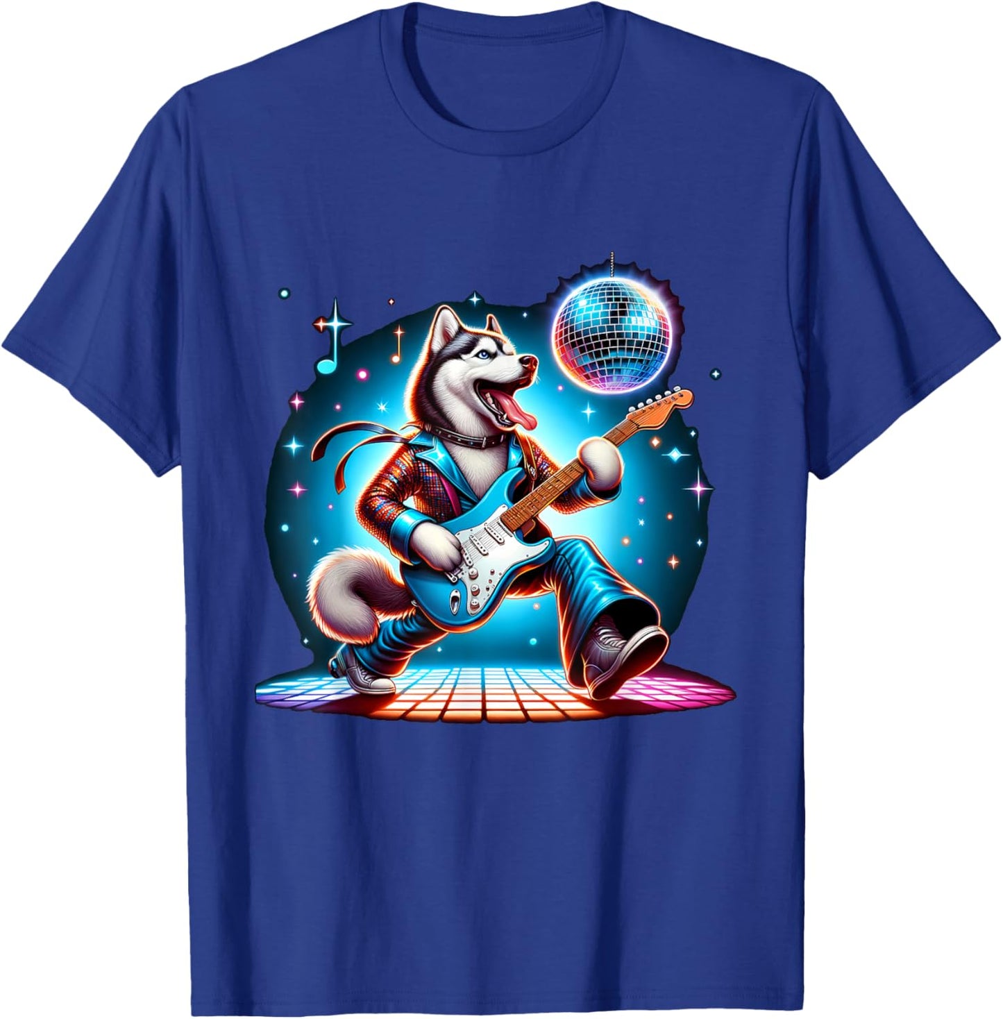 Disco Ball Guitar Husky Dog Men Women Kids T-Shirt - T-Shirt | Royal