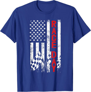Race Day US Flag Checkered Flag Car Racing Day Race Days T-Shirt - T-Shirt | Royal