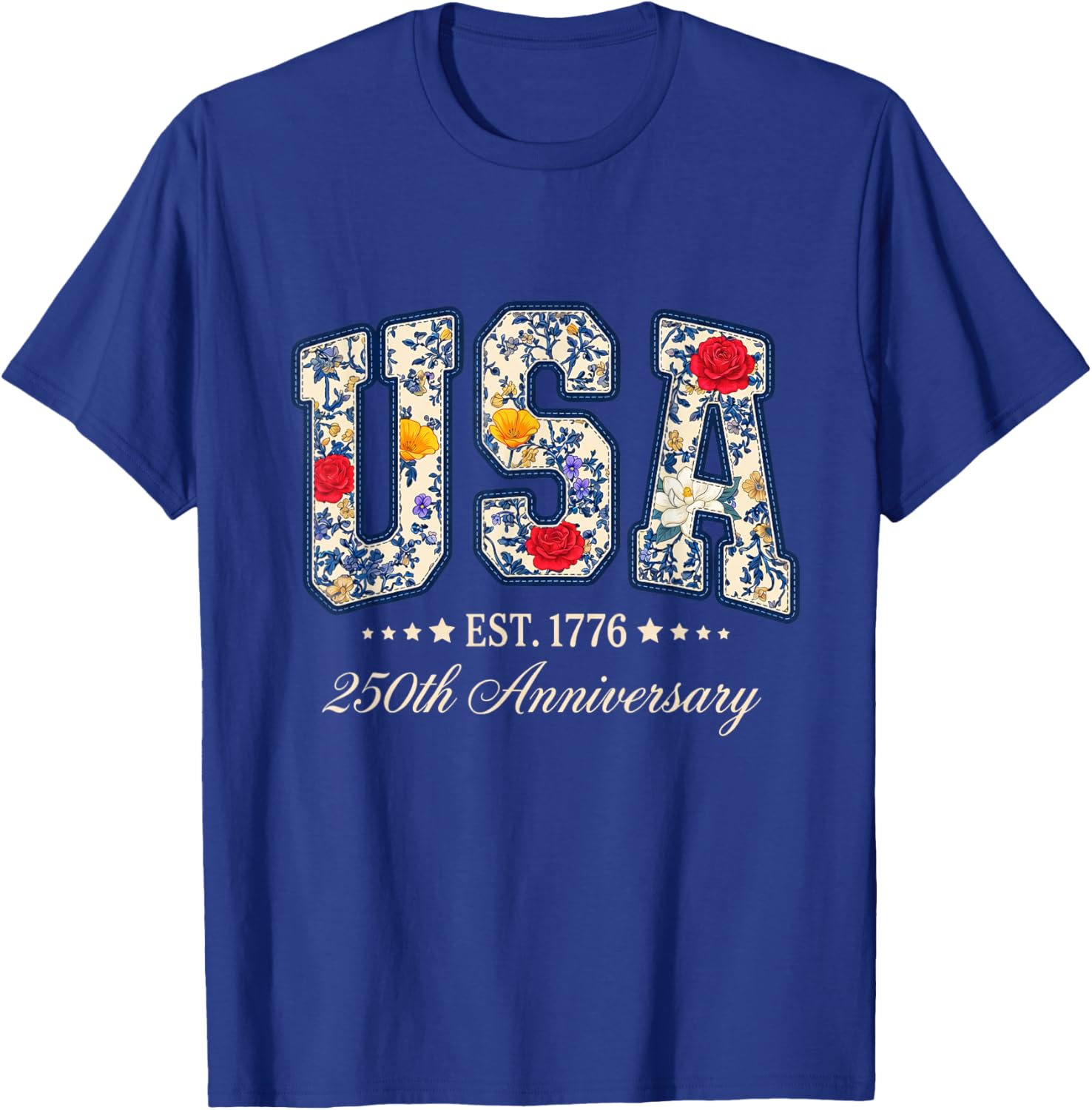 Floral USA 4th of July Patriotic Women 250th Anniversary USA T-Shirt - T-Shirt | Royal
