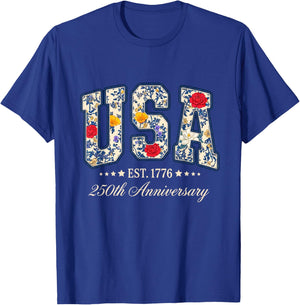 Floral USA 4th of July Patriotic Women 250th Anniversary USA T-Shirt - T-Shirt | Royal