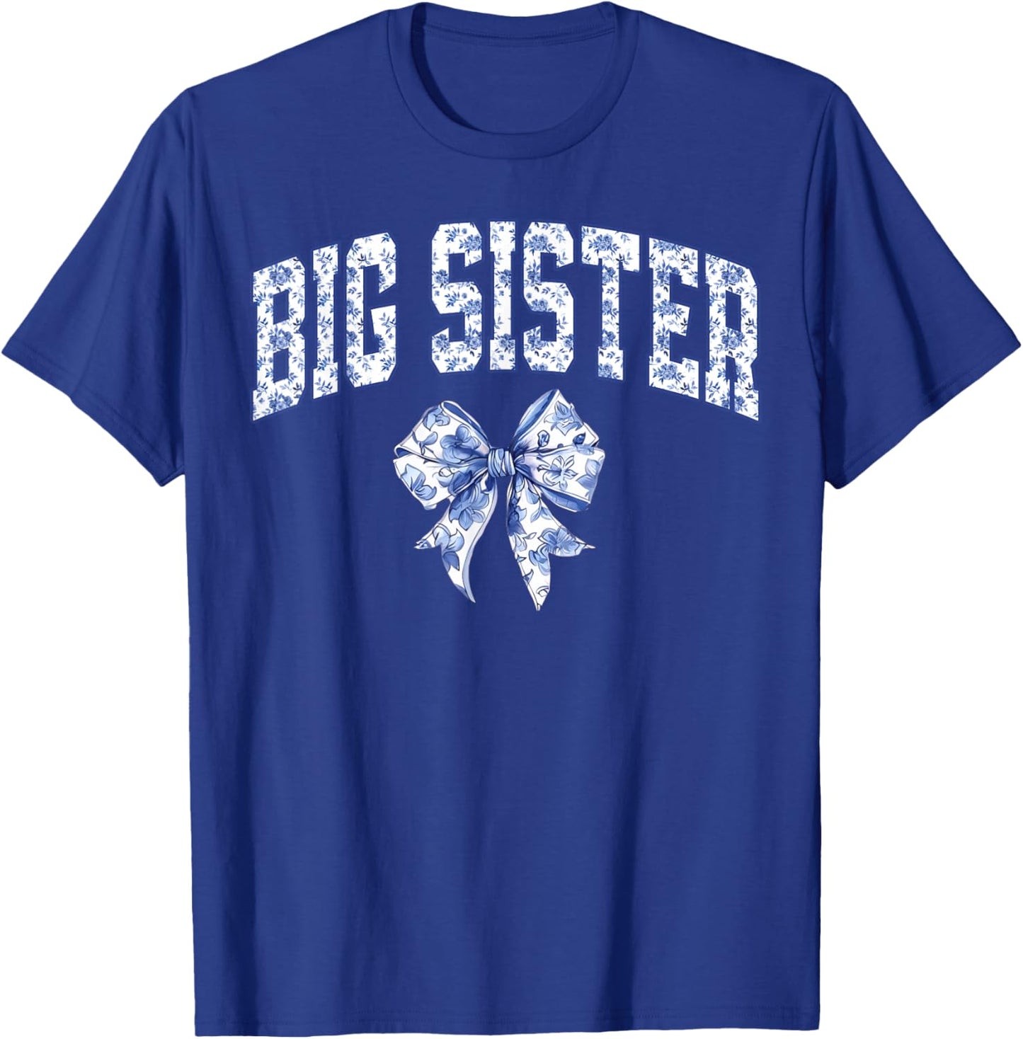 Big Sister Coquette Toile Blue Bow Floral Family Matching T-Shirt - T-Shirt | Royal