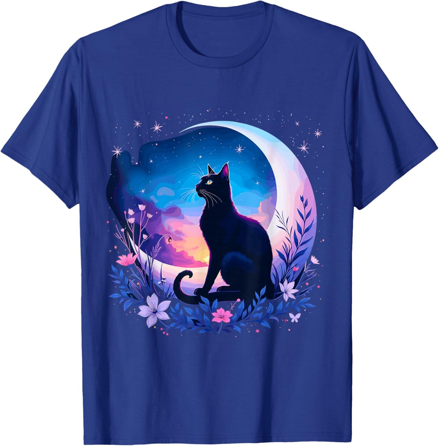 Cat Sitting Moon Celestial Night T-Shirt - T-Shirt | Royal