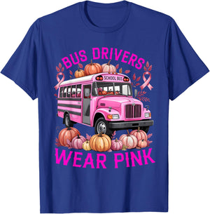 School Bus Driver Pink Ribbon Breast Cancer in October T-Shirt - T-Shirt | Royal