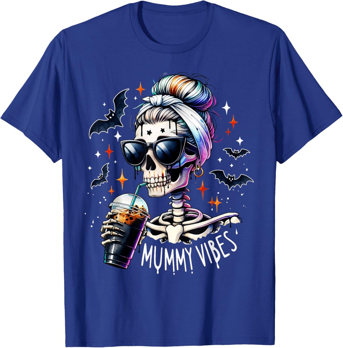 Mummy Vibes Skeleton Coffee Mom Spooky Season Halloween T-Shirt - T-Shirt | Royal