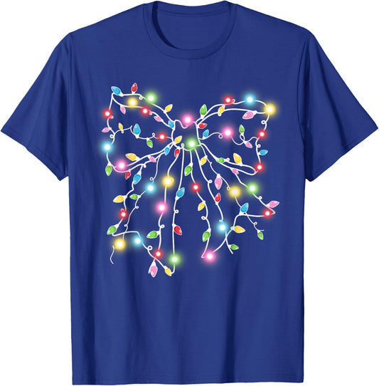 Colorful Christmas Lights Coquette Bow Holiday Women Girls T-Shirt - T-Shirt | Royal