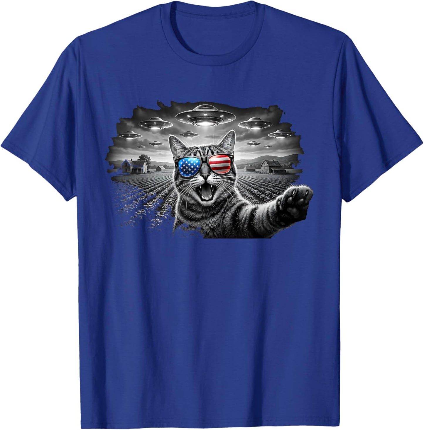 4th of July Cat Selfie with Alien UFO USA Flag Sunglasses T-Shirt - T-Shirt | Royal