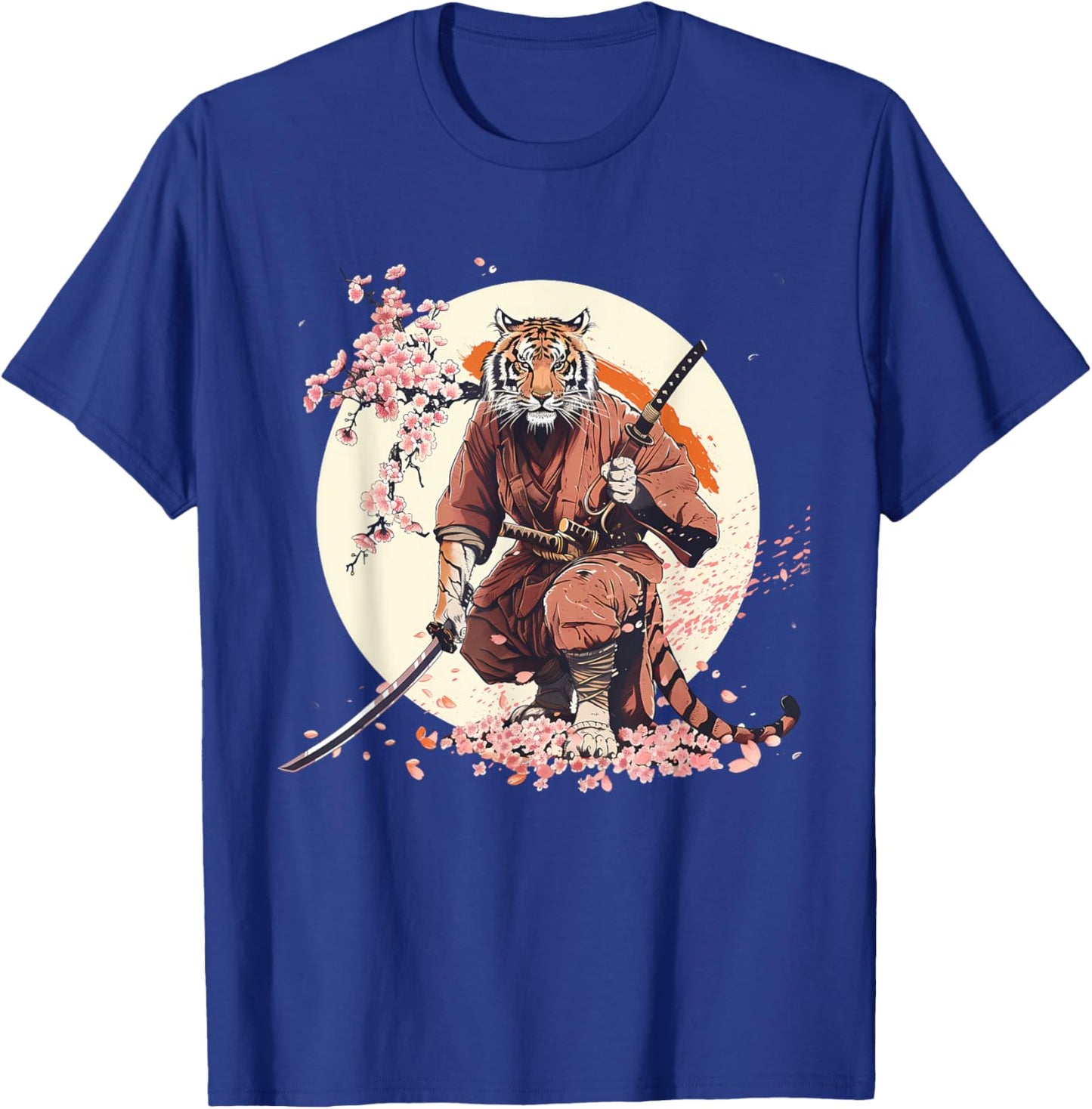 Samurai Tiger Sakura Tree Floral Anime Japanese Ninja Tiger T-Shirt - T-Shirt | Royal