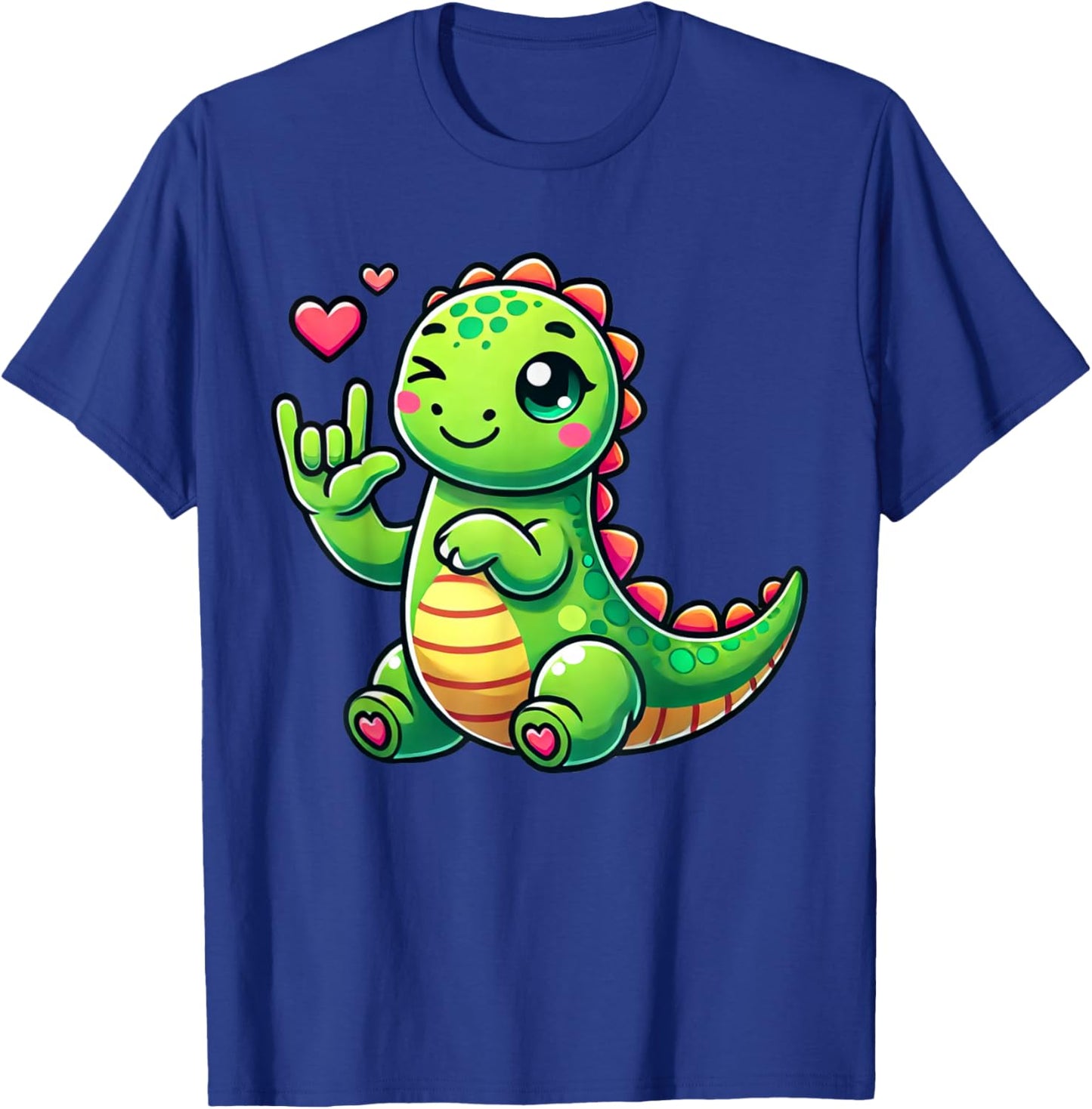 Cute Dinosaur Love You Hand Sign Language ASL T-Shirt - T-Shirt | Royal