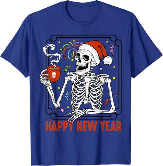 Happy New Year Christmas Funny Skeleton Drinking Coffee Xmas T-Shirt - T-Shirt | Royal
