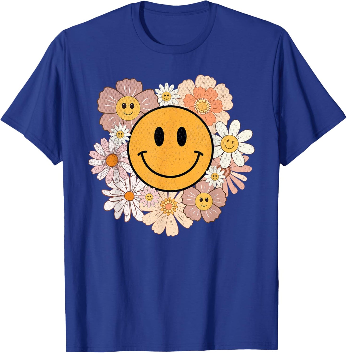 Retro Groovy Smile Happy Face Cute Hippie Flowers 70s T-Shirt - T-Shirt | Royal