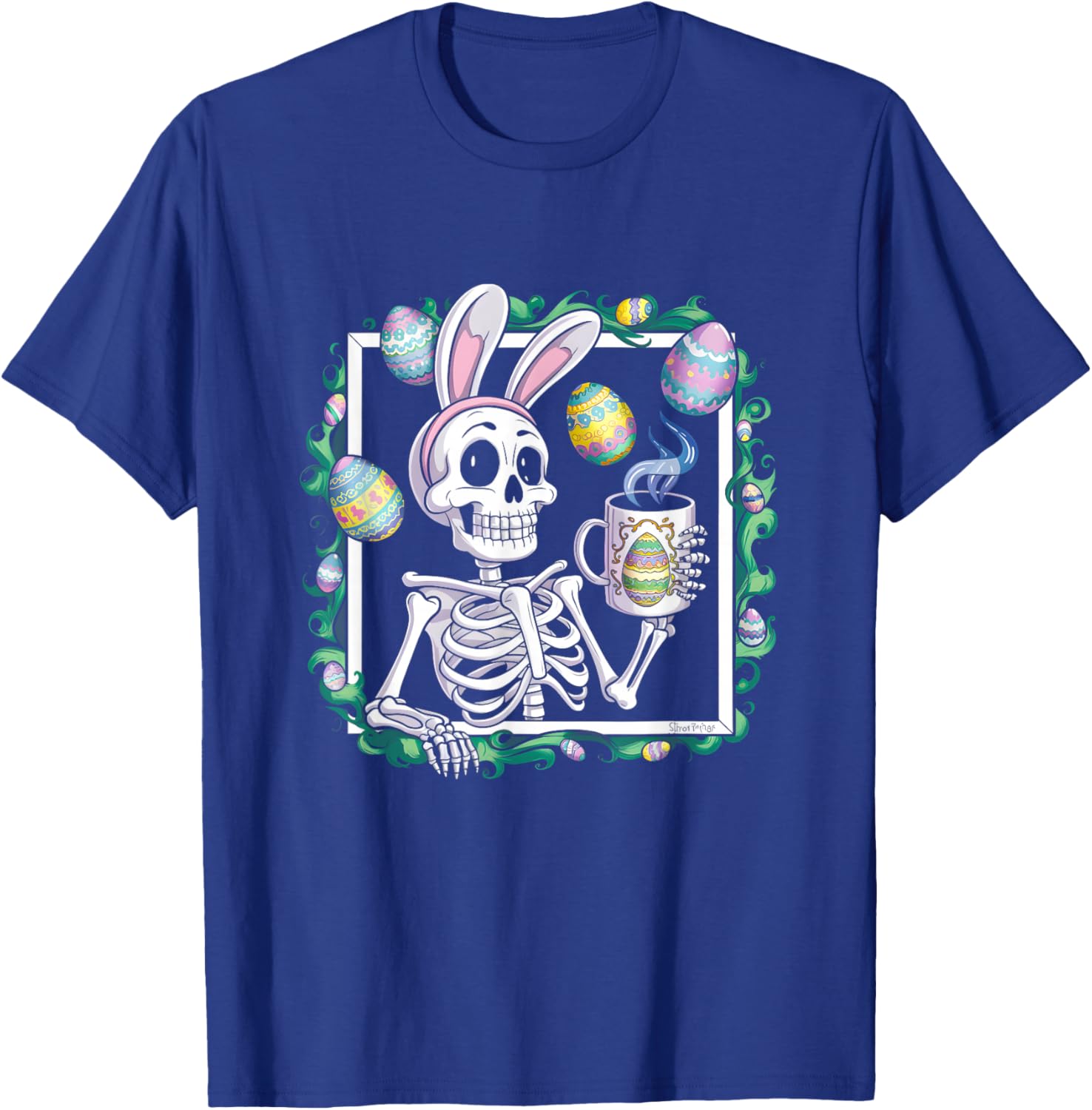 Happy Easter Skeleton Wearing Bunny Ear Drink Coffee Eggs T-Shirt - T-Shirt | Royal