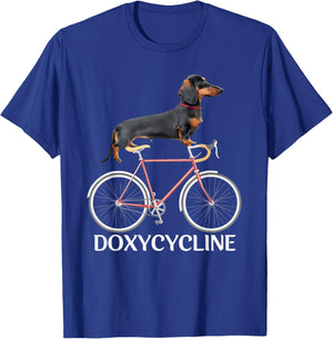 Dachshund on Bicycle Doxycycline Pharmacy Pun Dog Pharmacist T-Shirt - T-Shirt | Royal