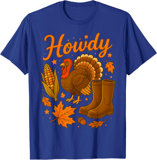 Howdy Cowgirl Western Rodeo Cozy Fall Thanksgiving Turkey T-Shirt - T-Shirt | Royal