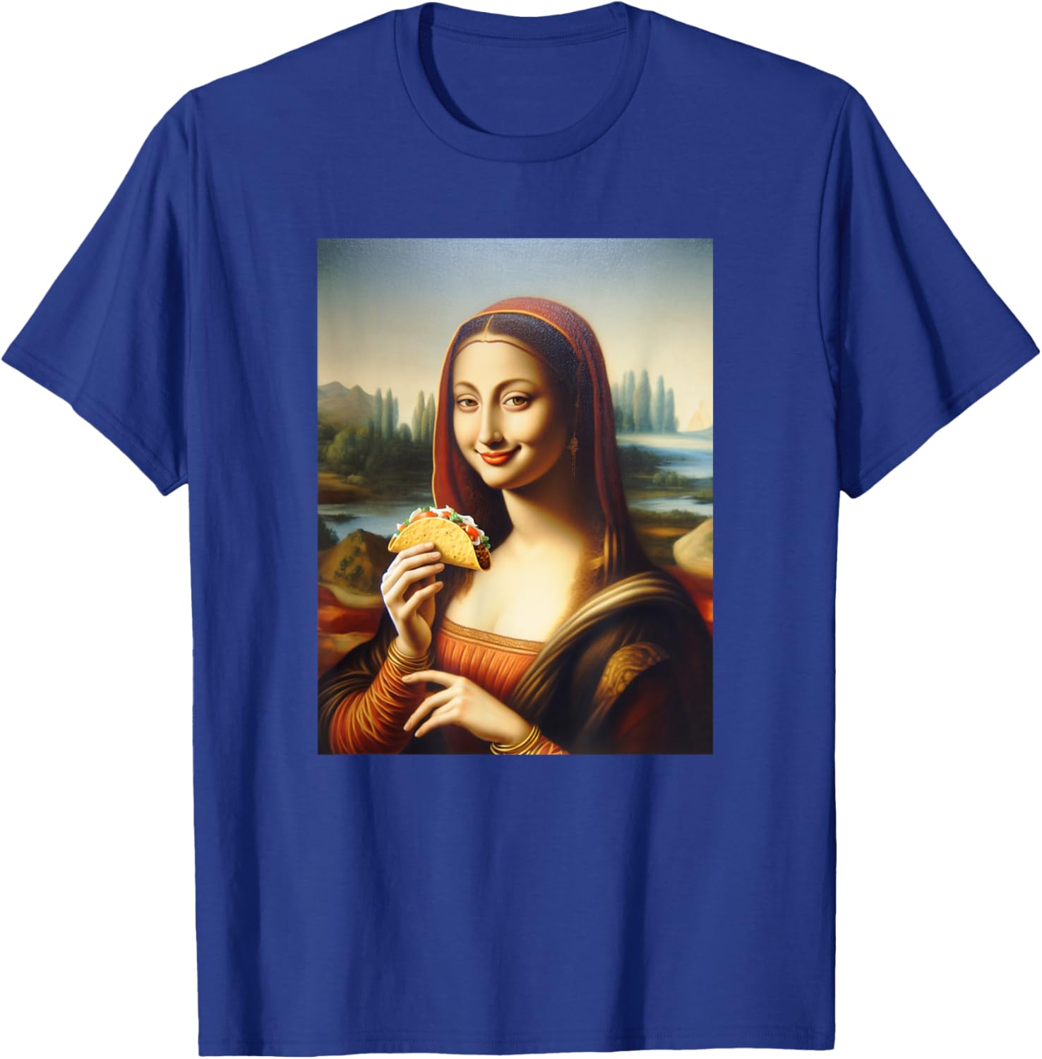 Happy Mona Lisa Holding A Taco Funny T-Shirt - T-Shirt | Royal