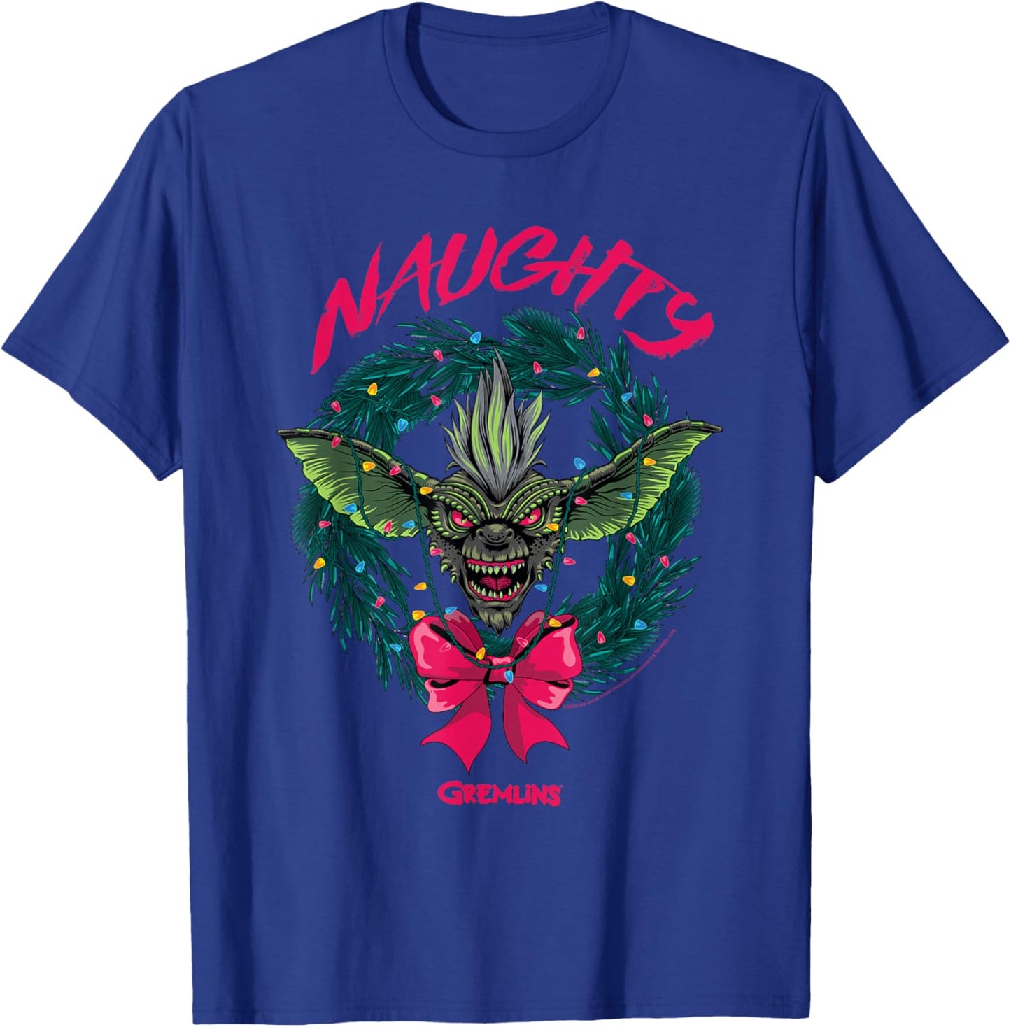 Gremlins Naughty Gremlin Wreath Retro Holiday Movie T-Shirt - T-Shirt | Royal