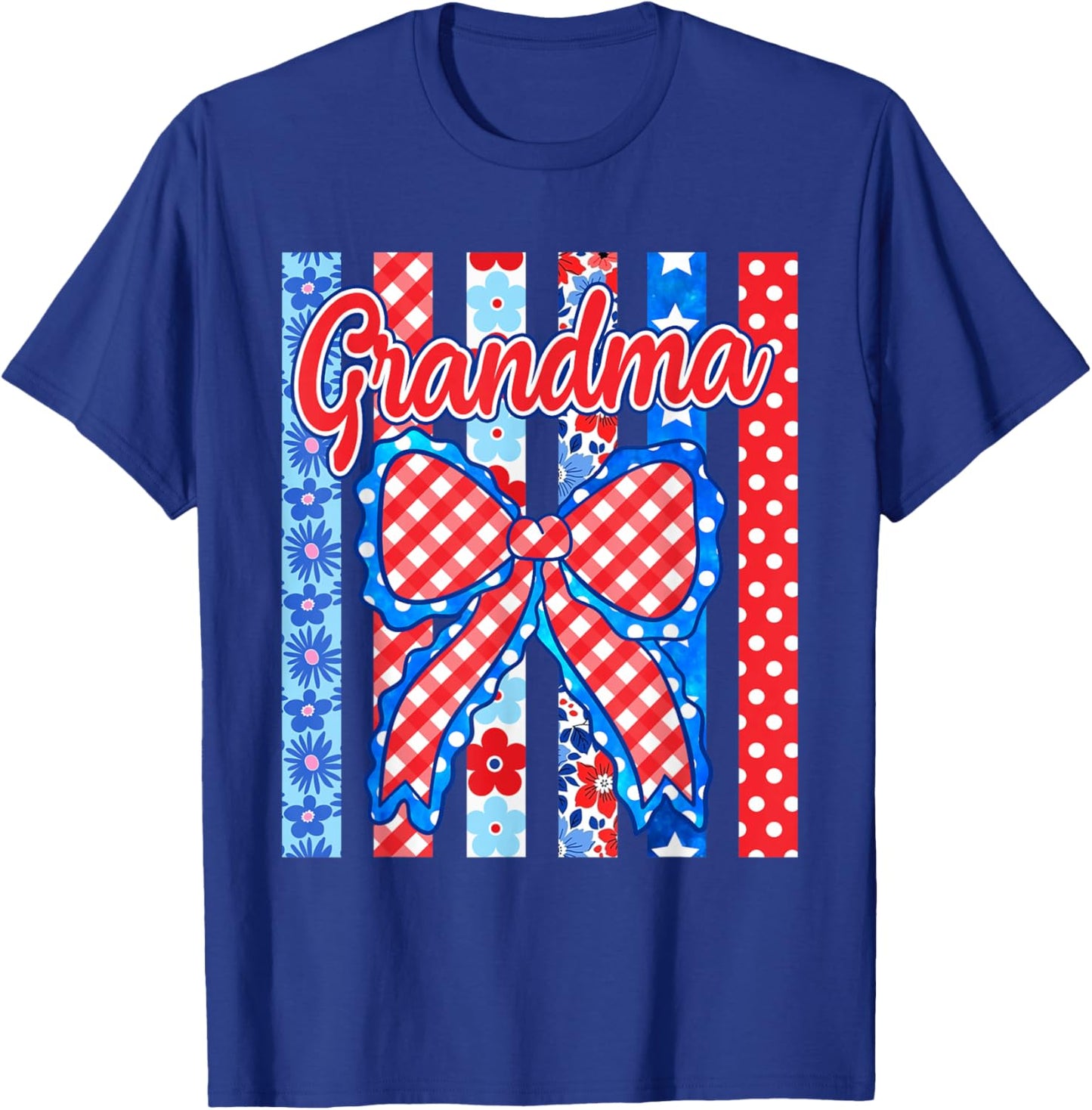 Grandma Striped Bow Flowers Patriotic Funny 4th of July T-Shirt - T-Shirt | Royal