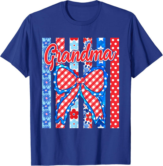 Grandma Striped Bow Flowers Patriotic Funny 4th of July T-Shirt - T-Shirt | Royal