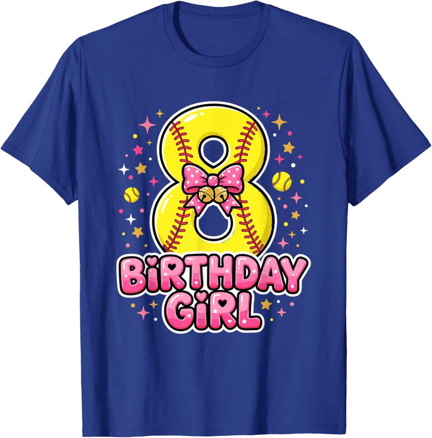 Coquette Bow Softball 8th Birthday Girl T-Shirt - T-Shirt | Royal