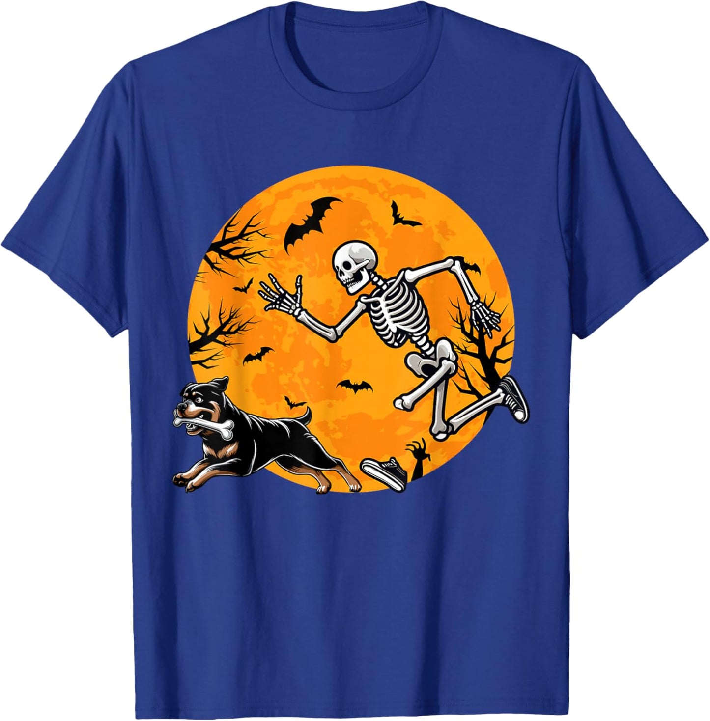 Halloween Dog Skeleton Chasing Dog Halloween Rottweiler T-Shirt - T-Shirt | Royal
