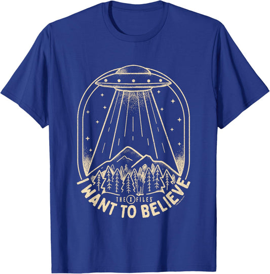X-Files Iconic UFO I Want To Believe Distressed Silhouette T-Shirt - T-Shirt | Royal