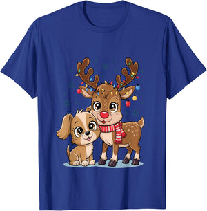 Adorable Puppy & Baby Reindeer Cute Christmas T-Shirt - T-Shirt | Royal