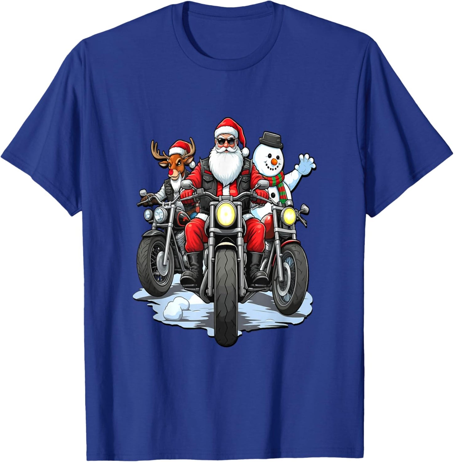 Santa, Reindeer & Snowman Bikers on Motorcycles T-Shirt - T-Shirt | Royal
