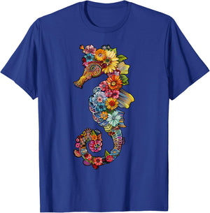 Floral Seahorse Ocean Animal Marine Beach Seahorse Flowers T-Shirt - T-Shirt | Royal