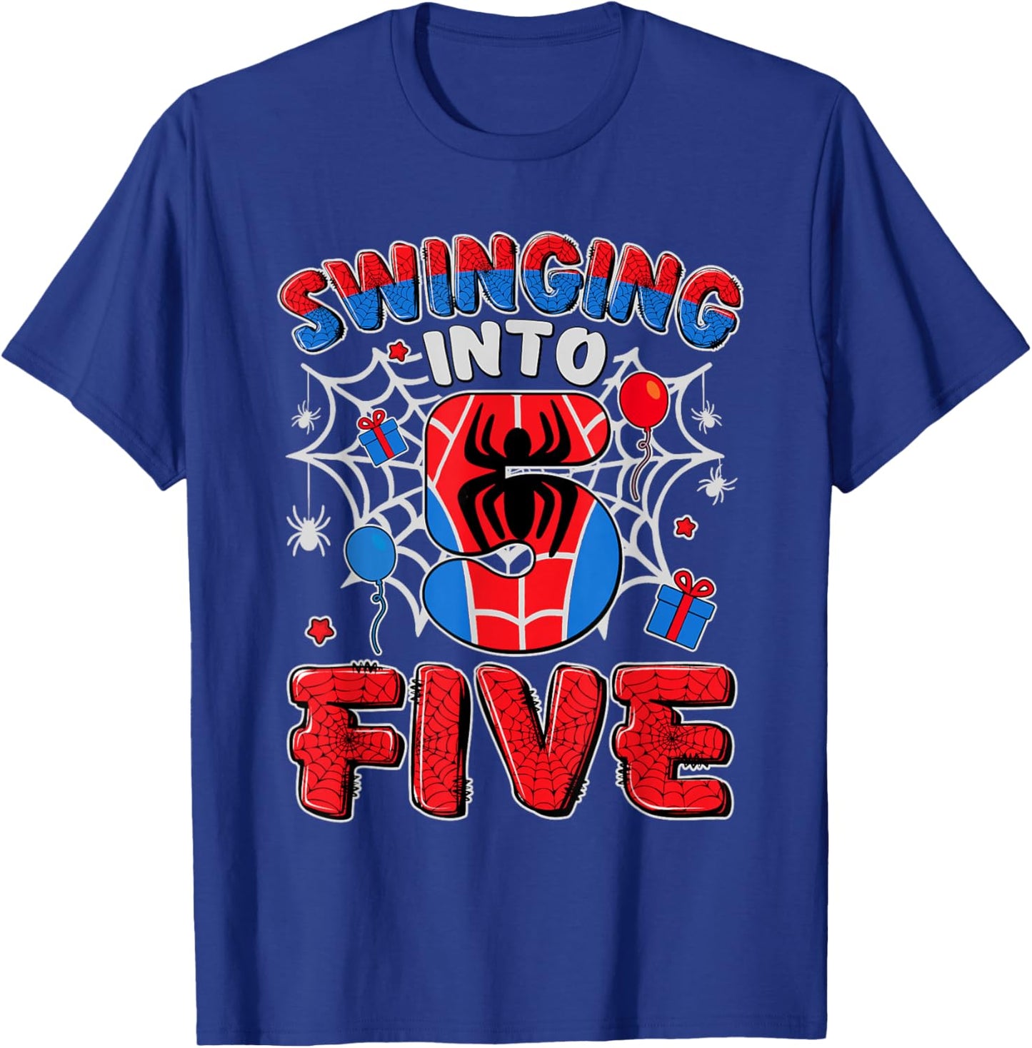 Funny Swinging Into Five 5th Boy Spiders Birthday 5 Year Old T-Shirt - T-Shirt | Royal