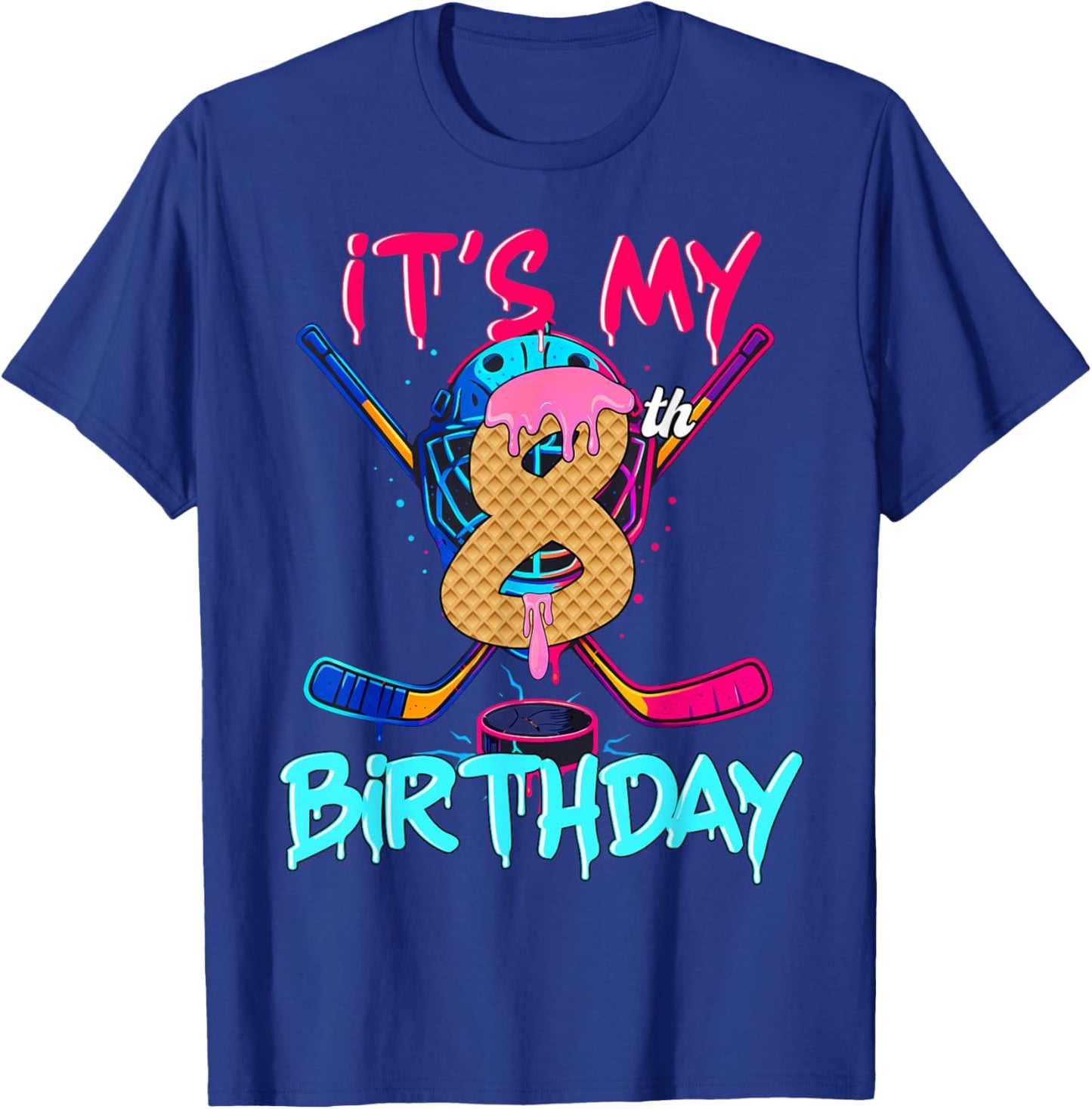 Hockey Ice Cream Drip It's My 8th Birthday Number 08 Player T-Shirt - T-Shirt | Royal