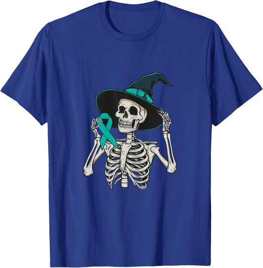 Teal Ribbon Peritoneal Cancer Awareness Skeleton Halloween T-Shirt - T-Shirt | Royal