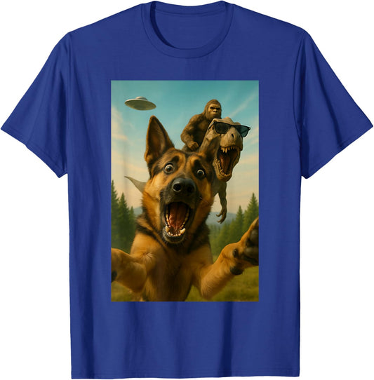 Shocked German Shepherd T-Rex Bigfoot UFO Selfie Design T-Shirt - T-Shirt | Royal
