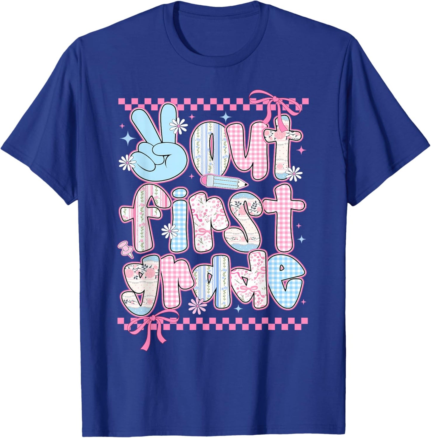 Peace Out First Grade Happy Last Day of School Coquette Bow T-Shirt - T-Shirt | Royal