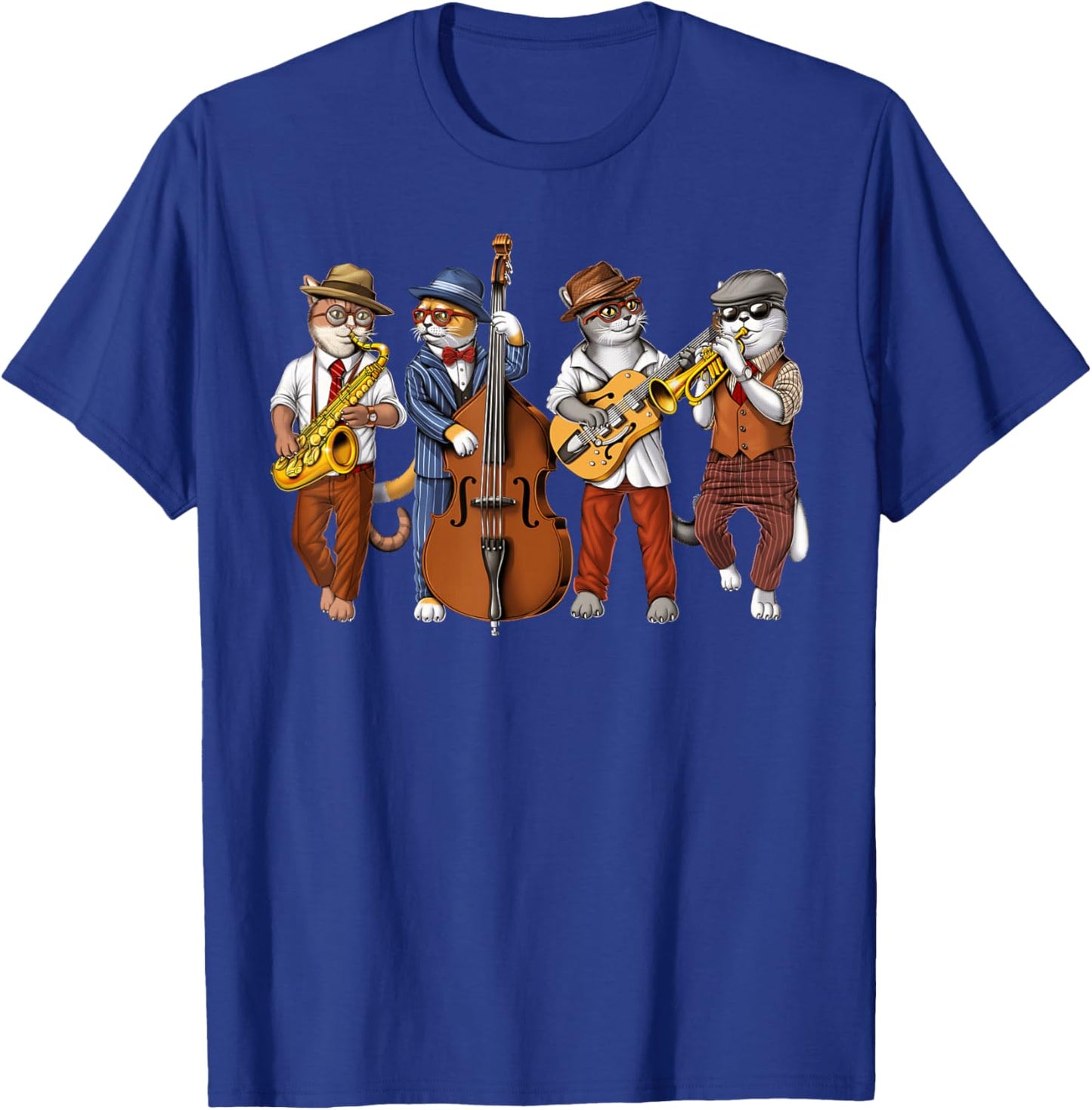 Cat Saxophone Player Jazz Musician Trumpet Double Bass T-Shirt - T-Shirt | Royal